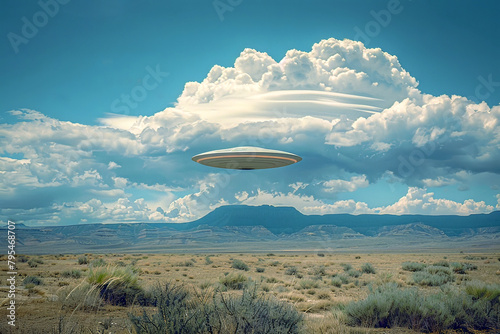 Sleek unidentified flying object floating beneath the cloud cover in the open sky