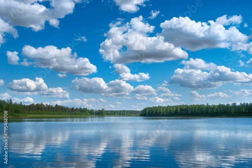 Serene lake with scattered cumulus clouds photo