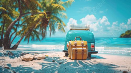 A classic teal car with a roof rack carrying elegant suitcases parks on a pristine beach with lush palm trees  suggesting a road trip