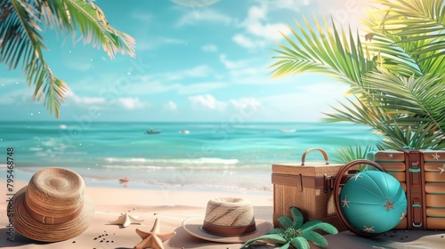 Sophisticated beach travel arrangement featuring designer suitcases and fashionable accessories