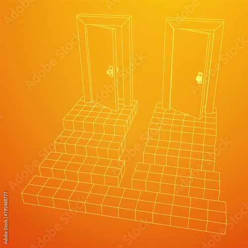 Stairway path to open door. Steps leading into the future concept. Wireframe low poly mesh vector illustration