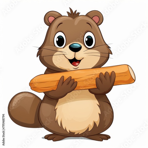 Cartoon illustration of a cheerful beaver holding a log, isolated on a white background. Cute animal character for children's book and educational material.