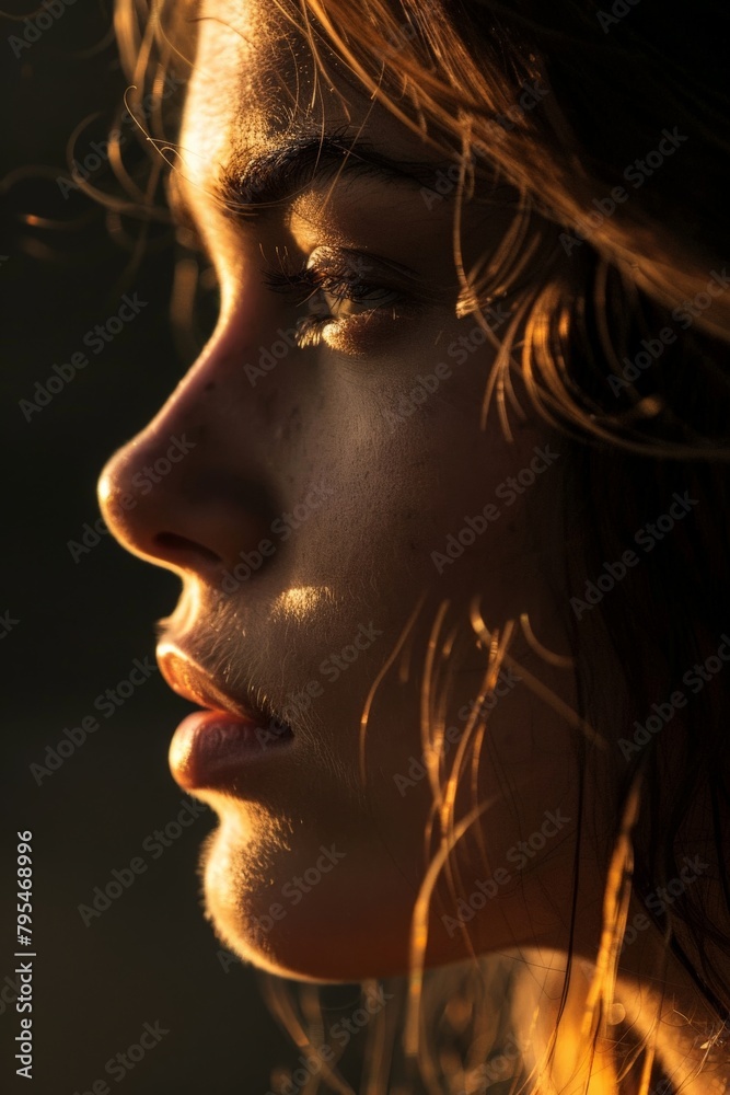 A woman's face illuminated by the soft light of dawn, her expression one of hope and anticipation as she welcomes a new day
