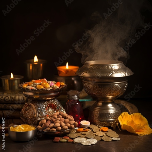 illustration of oil lamp or diya with crackers sweet or mithai dry  Generative ai