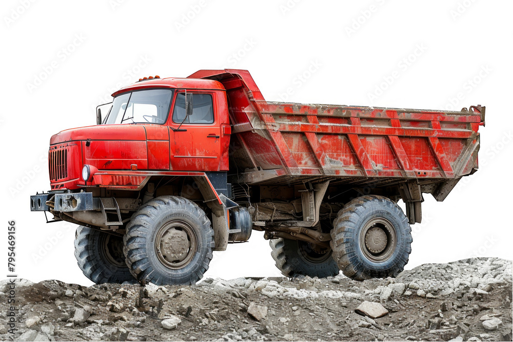 A red dump truck is driving on a dirt road on a transparent background.