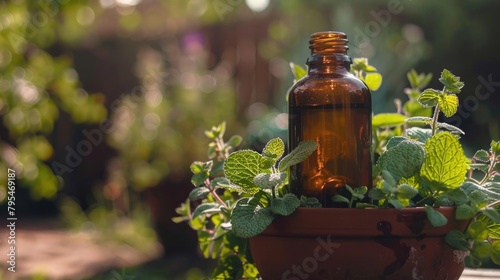 A brown bottle of aromatherapy essential oil with fresh peppermint plant