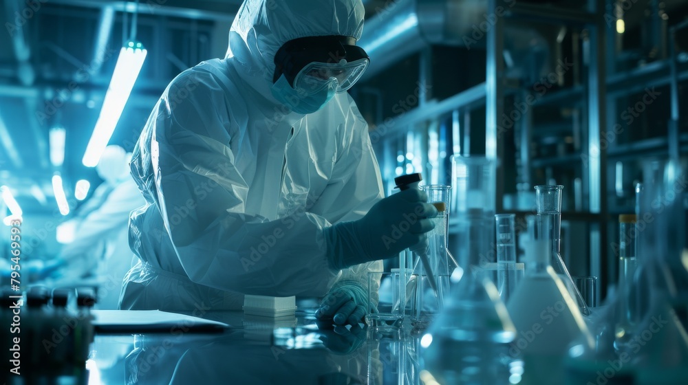 A chemist experiments with new materials in an industrial lab, wearing protective equipment A chemist experiments with new materials in an industrial lab, wearing protective equipment