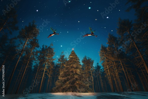 Pine tree at christmas night with a beautiful night sky,