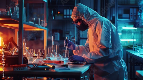 A chemist experiments with new materials in an industrial lab, wearing protective equipment