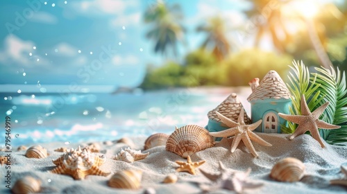 A whimsical miniature beach scene with starfish and seashells creating a charming summer fantasy