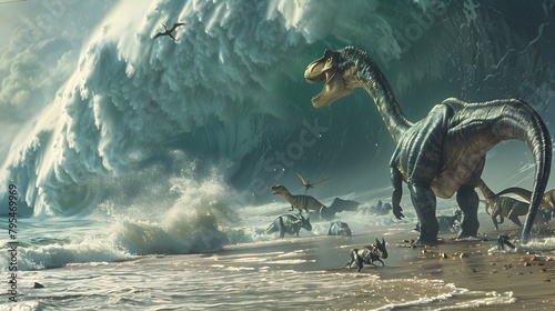 Massive Prehistoric Creatures Flee Crashing Tsunami Wave on Rugged Shoreline photo