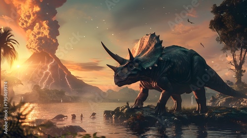Volcanic Eruption and Tsunami Engulf Prehistoric Triceratops Herd in Dramatic Landscape photo