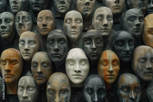 Psychological masks, array of faces, exploring identity and persona, self-perception