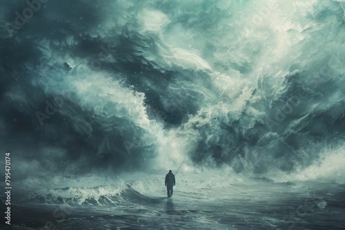 Artistic representation of resilience, a figure standing strong amidst a storm photo