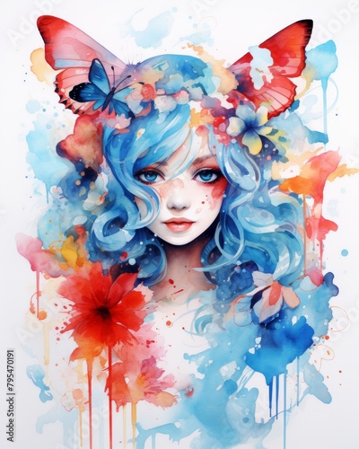 Fantasy watercolor portrait of a girl with blue hair and wings of butterfly. Creative and artistic expression concept. Design for album covers, posters, and book illustrations.