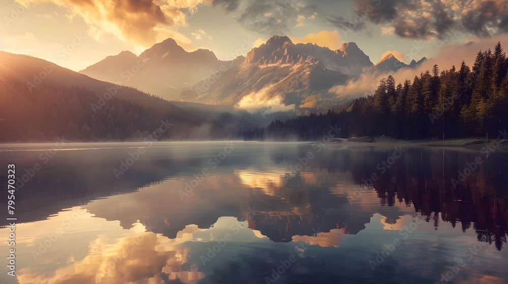 Obraz premium Tatra National Park, a lake in the mountains at the dawn of the sun. Poland 