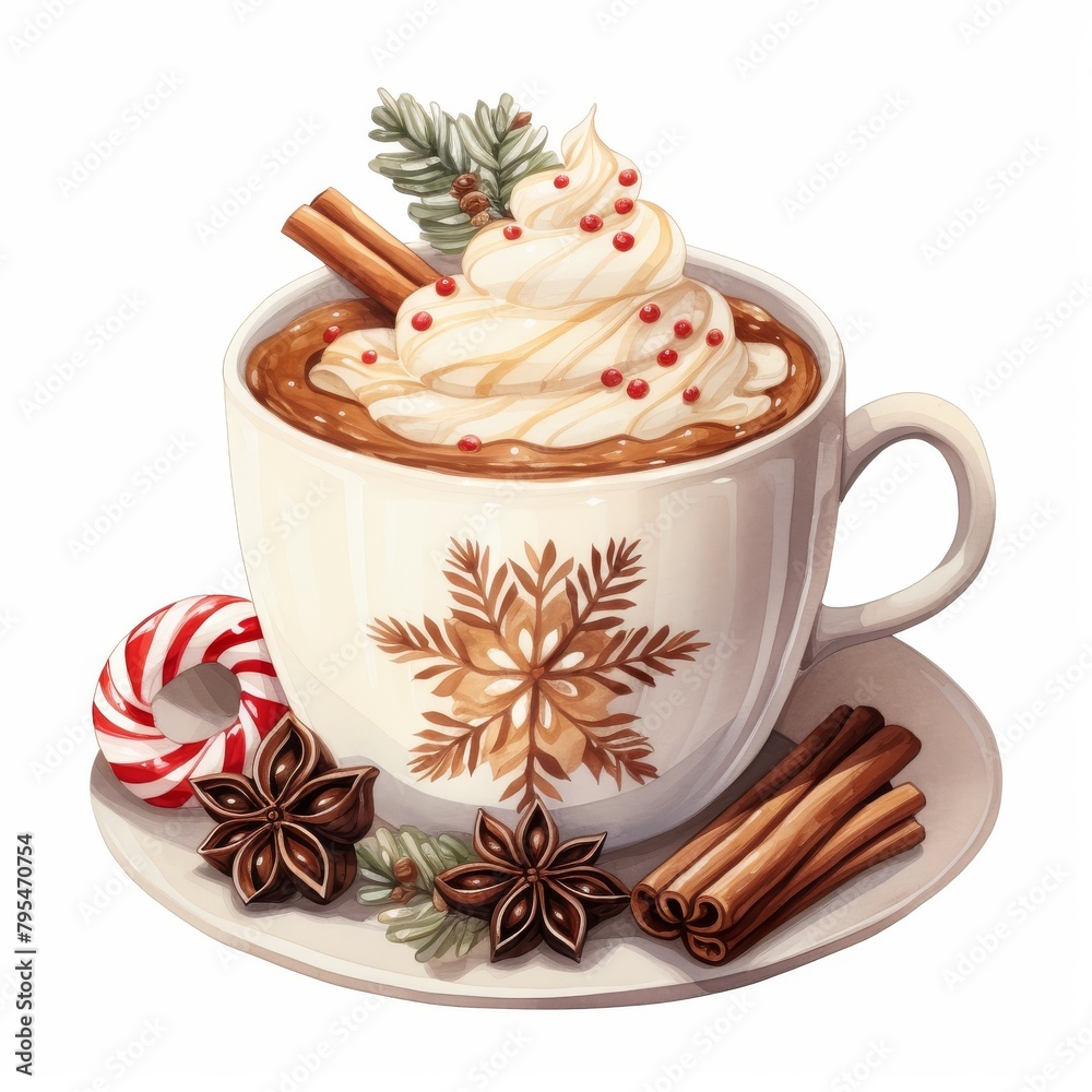Watercolor illustration of a hot chocolate mug with whipped cream, cinnamon, and candy cane, isolated on white background. Design for menu, greeting card, and seasonal decoration. Watercolor illustration of a hot chocolate mug with whipped cream, cinnamon, and candy cane, isolated on white background. Design for menu, greeting card, and seasonal decoration.