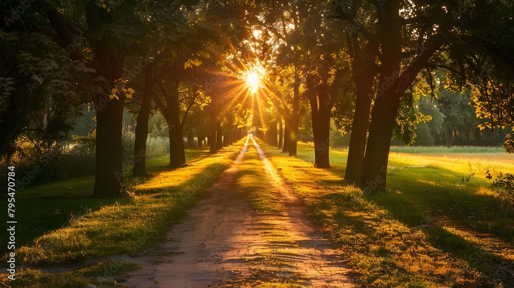 Sunlit path in a park before sunset