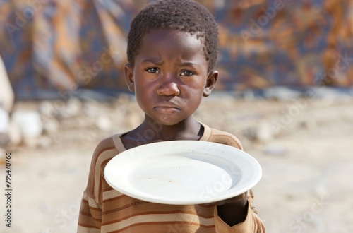 An African-American child shows his empty plate. The social problem of hunger.