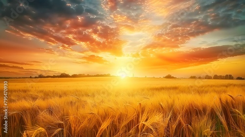 Summer landscape image of wheat field at sunset with beautiful