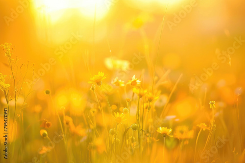 Beautiful field of yellow wild flowers at sunset. Tranquil  soft  idyllic spring summer nature blurred background. 