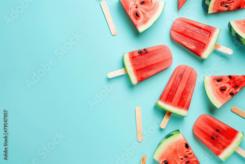 Watermelon popsicles against light blue background, summer concept, top view, copy space