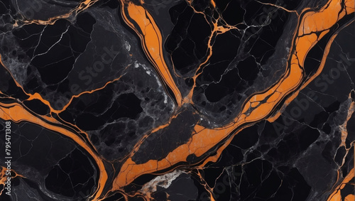 Rustic Obsidian  Warm Orange Marble Texture with Veins of Black  Immersed in Darkness.
