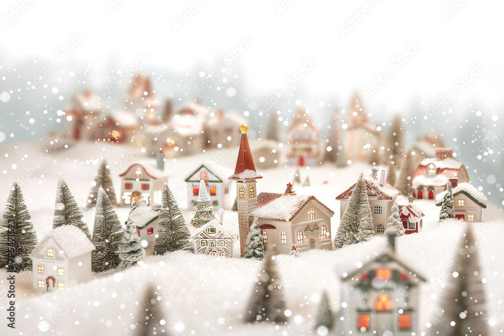 Snowy Christmas village on a soft transparent white backdrop, perfect for winter-themed designs