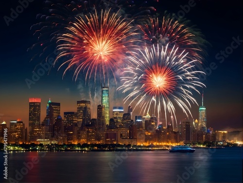 A patriotic atmosphere with fireworks and US flag in front of city skyline