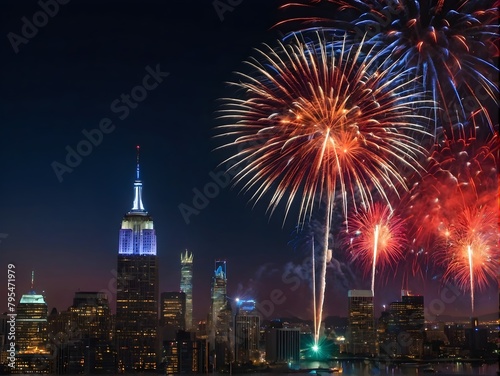 A patriotic atmosphere with fireworks and US flag in front of city skyline