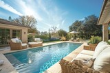 Sun-soaked backyard oasis with inviting outdoor furniture overlooking a serene pool.