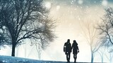 Silhouette of couple walking in winter landscape