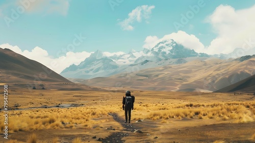 Single traveler in the epic mountain landscape of the Peruvian andes