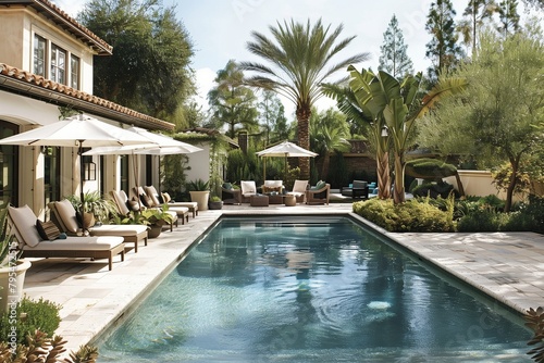 Stylish poolside retreat complete with comfortable seating and lush landscaping.
