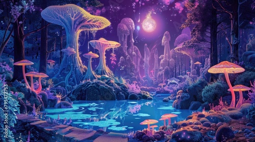 A vibrant, otherworldly nocturnal landscape illuminated by bioluminescent flora and mystical orbs