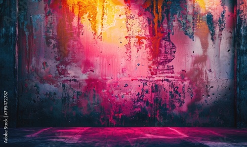 An abstract, colorful painted wall with vibrant pink and blue lighting on the floor