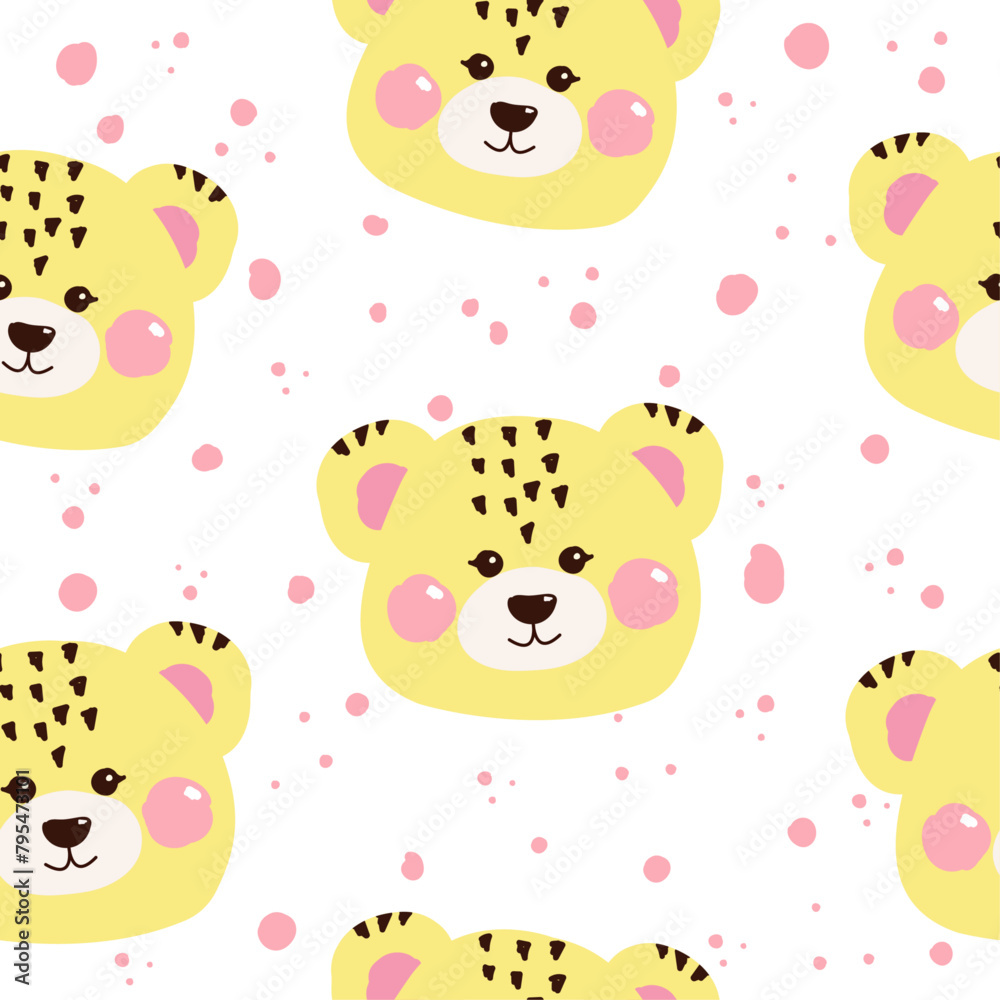 Seamless pattern with doodle kawaii cute yellow face bear face for children. Vector handwritten illustration for baby, kids