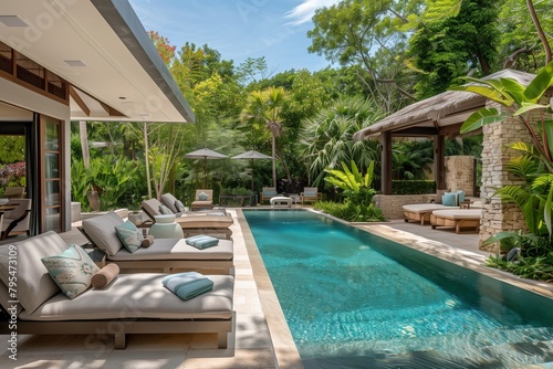 Tranquil outdoor sanctuary with comfortable seating arrangements overlooking pool waters.
