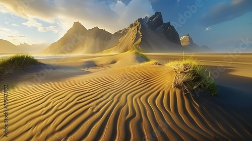 Sand dunes on the Stokksnes on southeastern Icelandic coast with Vestrahorn (Batman Mountain). Iceland, Europe.