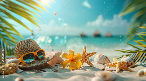 Capturing notions of luxury and ease, a scene with sunglasses and straw hat amidst tropical flora and seashells photo