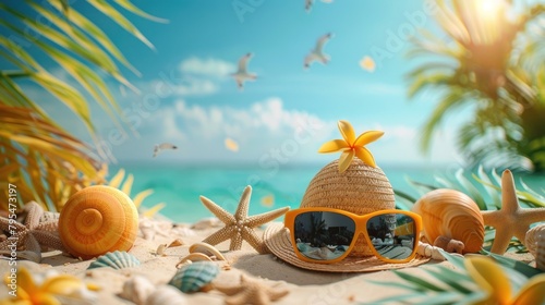 Bright beach day with an amusing arrangement of a beach hat topped with a sunny pinwheel, and sunglasses photo