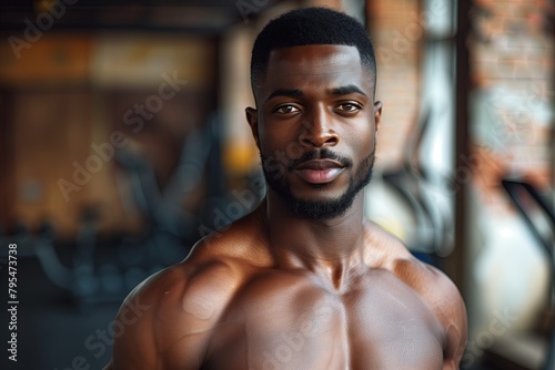 African American bodybuilder man, on gym background