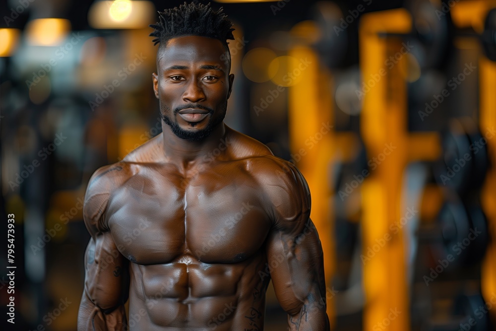African American bodybuilder man, on gym background African American bodybuilder man, on gym background