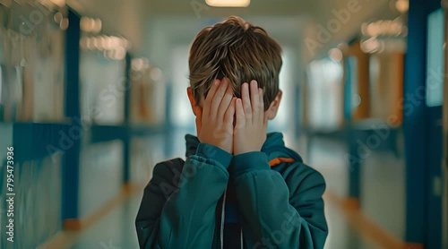 boy covering his face in sadness due to being bullied photo