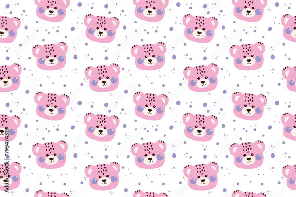 Seamless pattern with doodle kawaii cute happy sweet face, head of pink bear face for children isolated on white background. Vector handwritten illustration for baby, kids