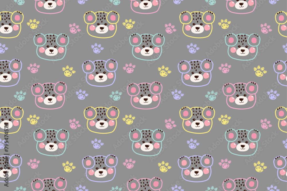 Seamless pattern with doodle kawaii cute face bear face for children on grey background