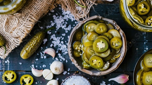 A bowl of pickled jalapenos with garlic and spices on a wooden table.
