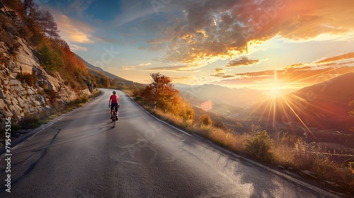 panoramic view on mountain road with cyclist at sunset in autumn  photo