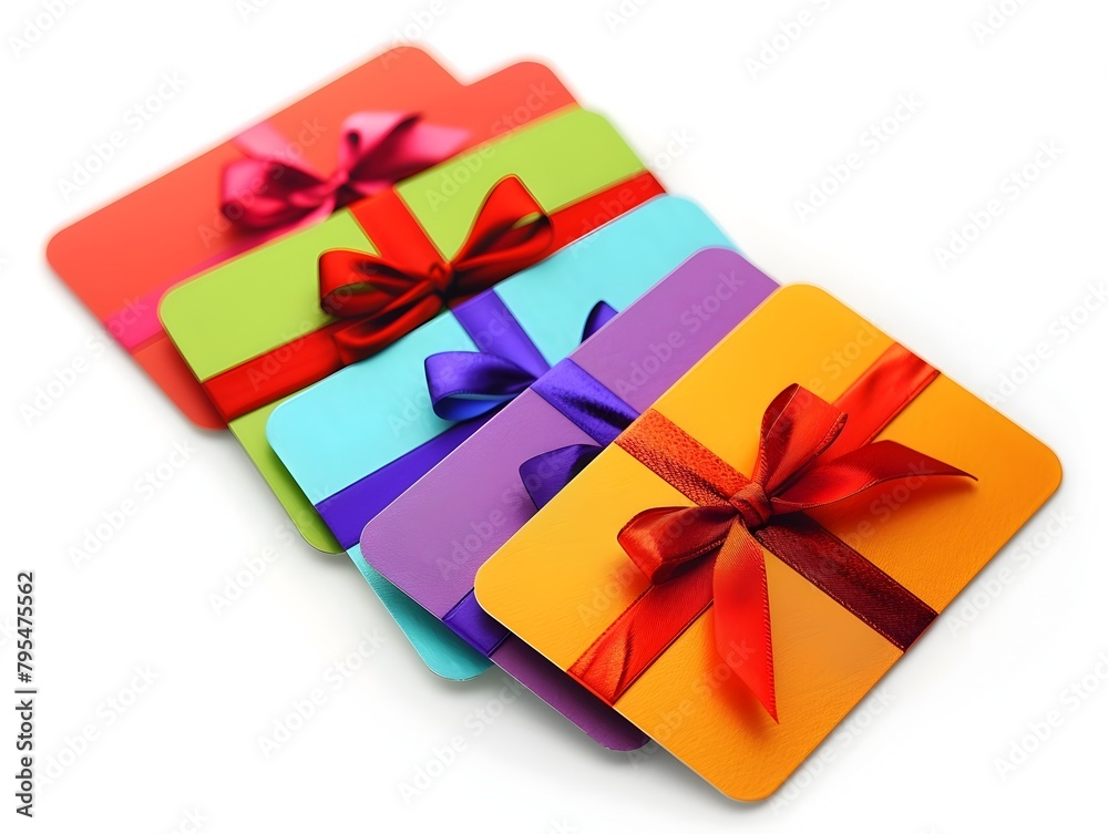 Colorful Wrapped Gift Cards with Vibrant Bows Displayed on White Background Colorful Wrapped Gift Cards with Vibrant Bows Displayed on White Background