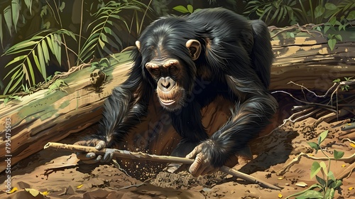 Chimpanzee Foraging for Termites with Stick Tool in Lush Rainforest Habitat